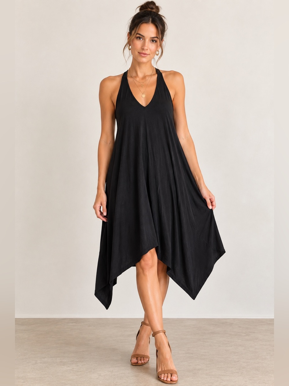 Anthropologie Dolan Willa Dress L Black Cupro Handkerchief Hem Midi Racerback